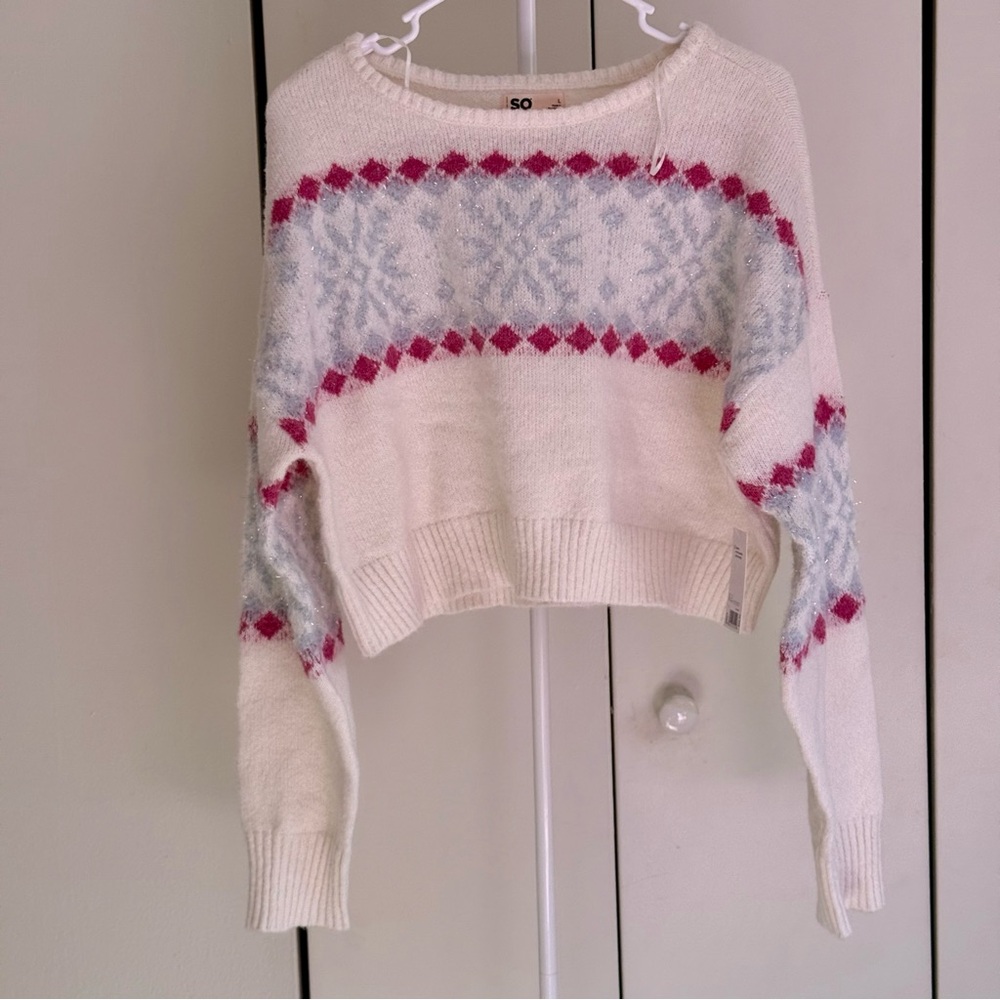 SO Women's white Sweater with Pink and Light Blue Accents